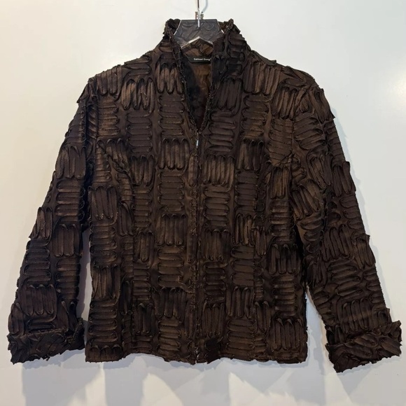 Samuel Dong Jackets & Blazers - Samuel Dong Brown Textured‎ Ribbon Designer Blazer Jacket Womens Large